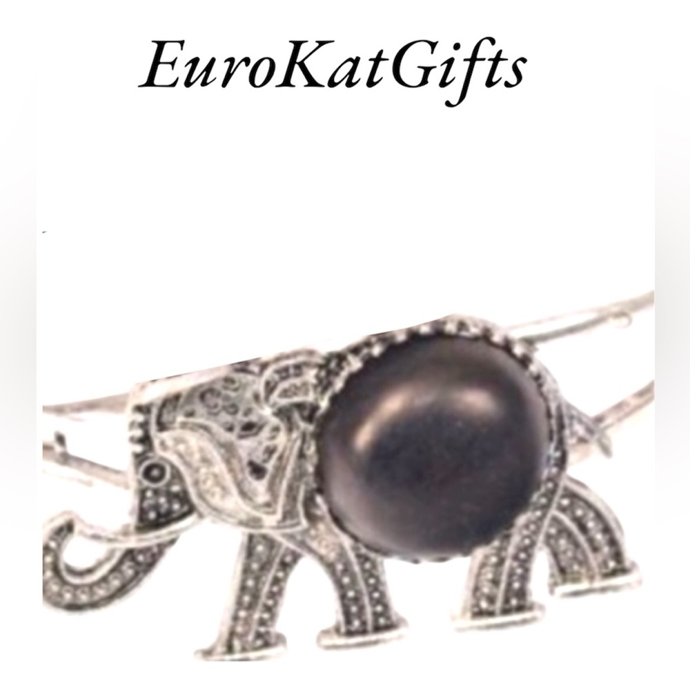 Silver Elephant BLACK stone Bracelet Cuff Bangle Bracelet adjustable NEW NWT